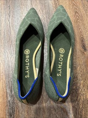 Rothy's Olive Green Pointed-Toe Knit Flats with Blue Trim